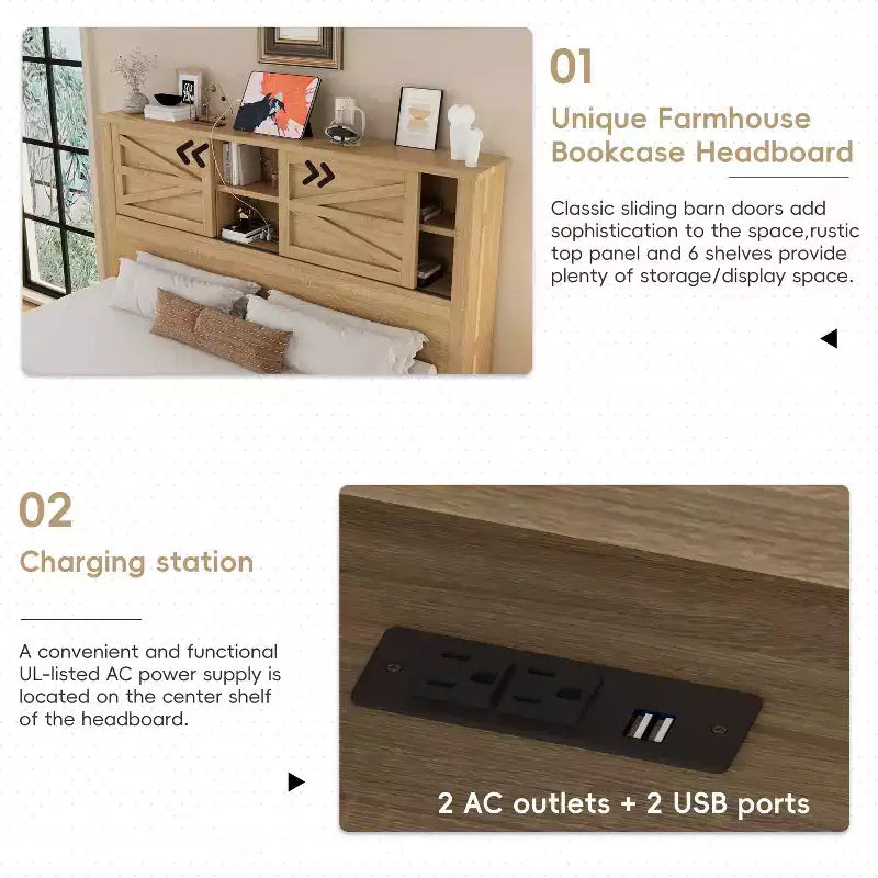 MAYEERTY 3 Pieces Full Bedroom with Double Sliding Door Storage Headboard and Chariging Station Storage Nightstand and Dresser for Bedroom Natural