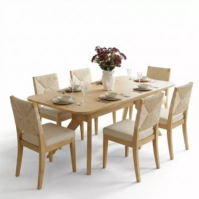 Expandable Dining Table Set for 6/8, Japandi Dining Room Furniture, Rope Back Chairs with Beige Upholstered Seats-Panipeachy