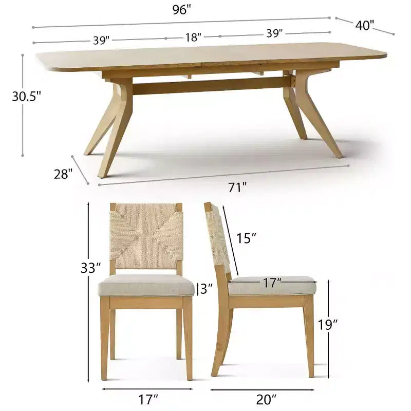 Expandable Dining Table Set for 6/8, Japandi Dining Room Furniture, Rope Back Chairs with Beige Upholstered Seats-Panipeachy