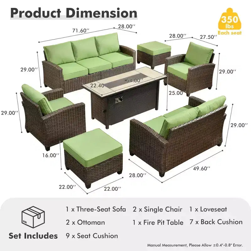 HOMLUX 7 Pieces Wicker Conversation Set, 3-Seat Sofa, Loveseat, Rattan Chairs, Ottomans & Firepit for Garden Backyard