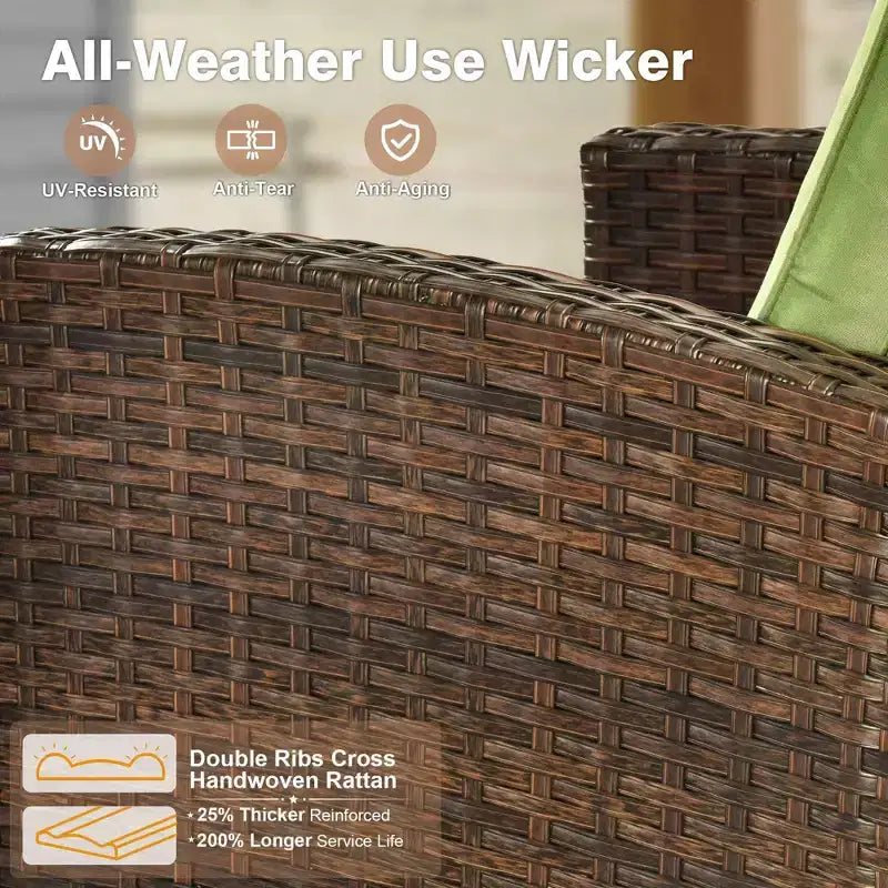 HOMLUX 7 Pieces Wicker Conversation Set, 3-Seat Sofa, Loveseat, Rattan Chairs, Ottomans & Firepit for Garden Backyard