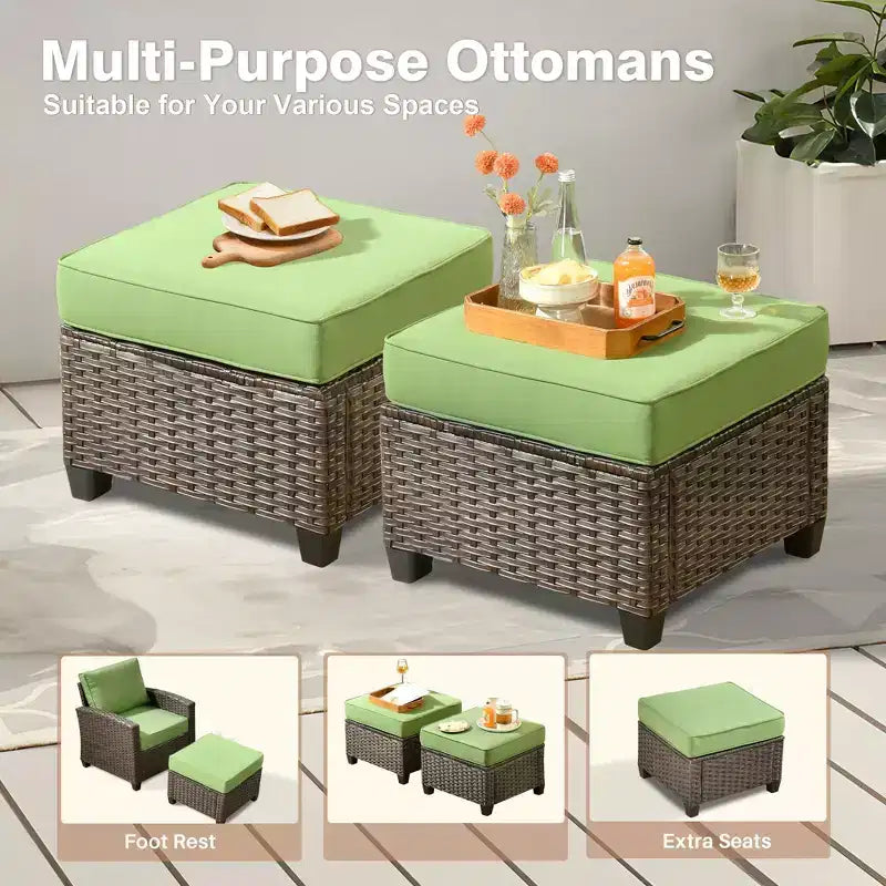 HOMLUX 7 Pieces Wicker Conversation Set, 3-Seat Sofa, Loveseat, Rattan Chairs, Ottomans & Firepit for Garden Backyard