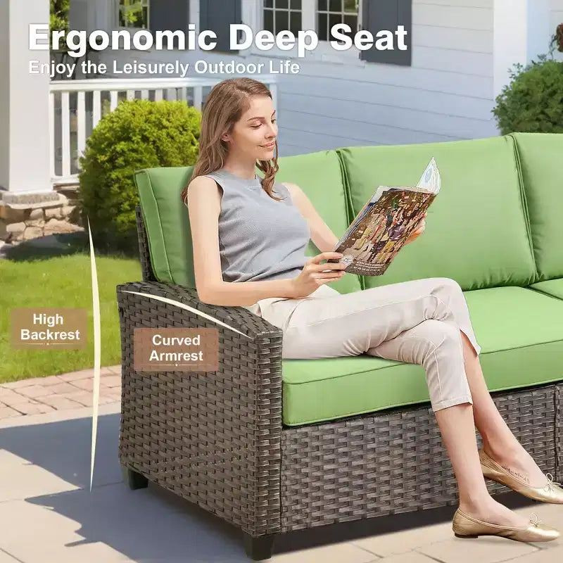 HOMLUX 7 Pieces Wicker Conversation Set, 3-Seat Sofa, Loveseat, Rattan Chairs, Ottomans & Firepit for Garden Backyard
