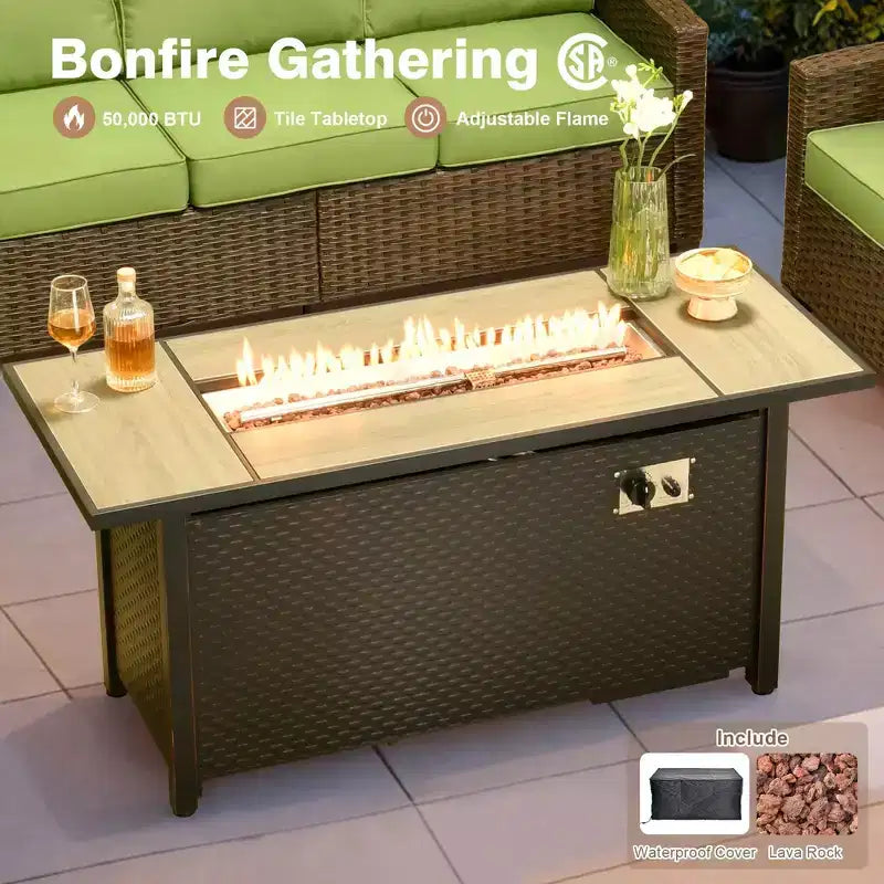 HOMLUX 7 Pieces Wicker Conversation Set, 3-Seat Sofa, Loveseat, Rattan Chairs, Ottomans & Firepit for Garden Backyard