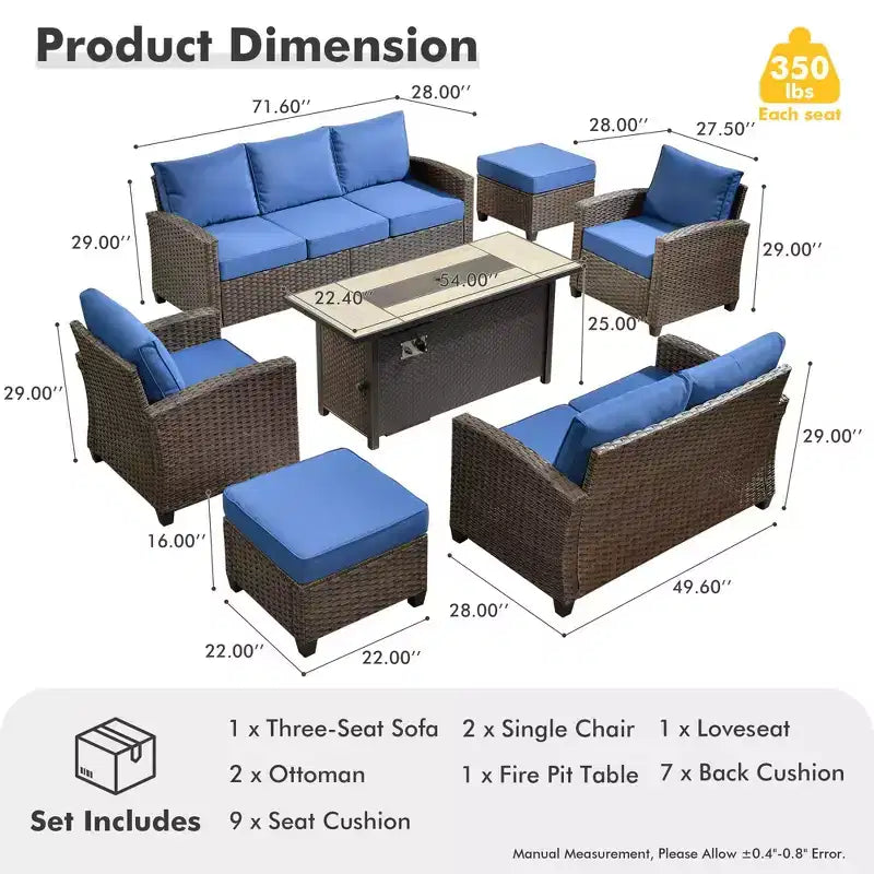 HOMLUX 7 Pieces Wicker Conversation Set, 3-Seat Sofa, Loveseat, Rattan Chairs, Ottomans & Firepit for Garden Backyard