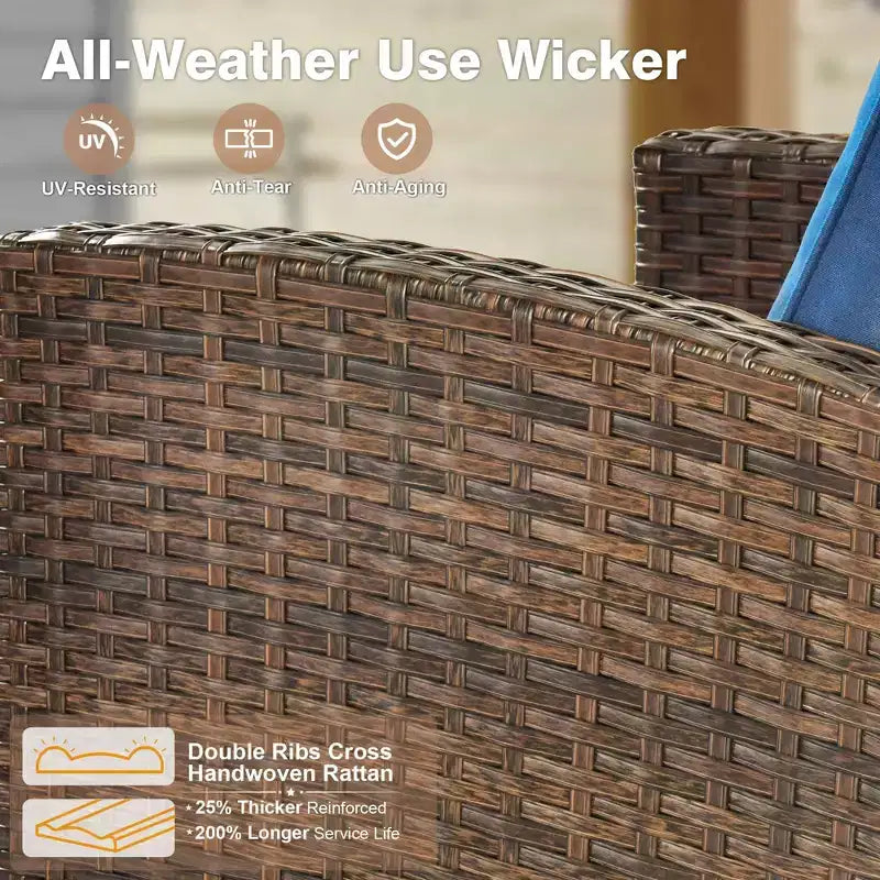 HOMLUX 7 Pieces Wicker Conversation Set, 3-Seat Sofa, Loveseat, Rattan Chairs, Ottomans & Firepit for Garden Backyard