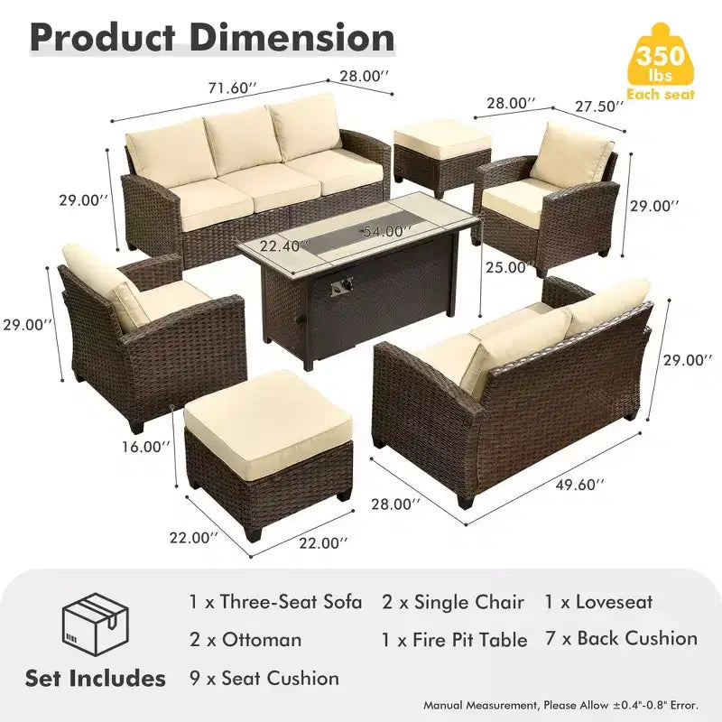 HOMLUX 7 Pieces Wicker Conversation Set, 3-Seat Sofa, Loveseat, Rattan Chairs, Ottomans & Firepit for Garden Backyard