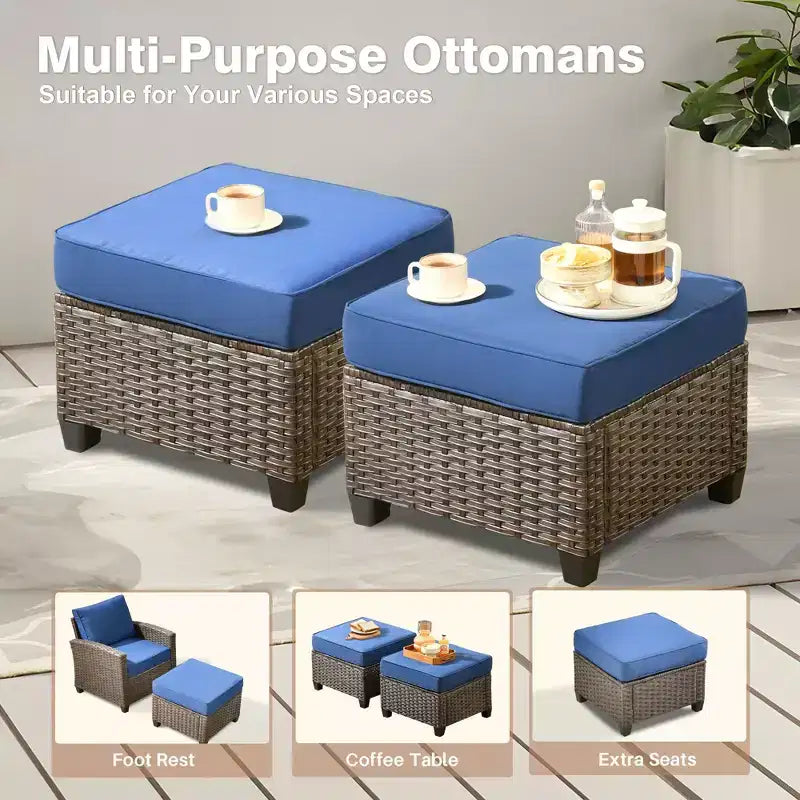 HOMLUX 7 Pieces Wicker Conversation Set, 3-Seat Sofa, Loveseat, Rattan Chairs, Ottomans & Firepit for Garden Backyard