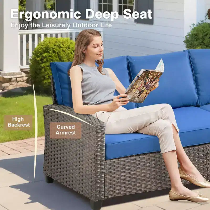 HOMLUX 7 Pieces Wicker Conversation Set, 3-Seat Sofa, Loveseat, Rattan Chairs, Ottomans & Firepit for Garden Backyard