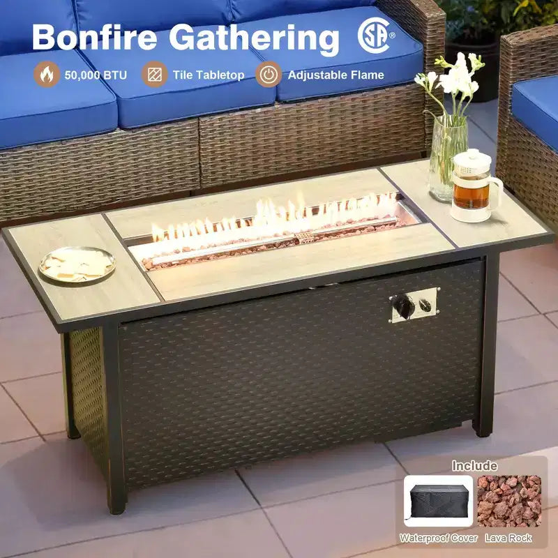 HOMLUX 7 Pieces Wicker Conversation Set, 3-Seat Sofa, Loveseat, Rattan Chairs, Ottomans & Firepit for Garden Backyard
