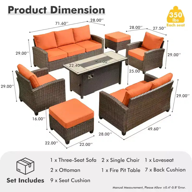 HOMLUX 7 Pieces Wicker Conversation Set, 3-Seat Sofa, Loveseat, Rattan Chairs, Ottomans & Firepit for Garden Backyard