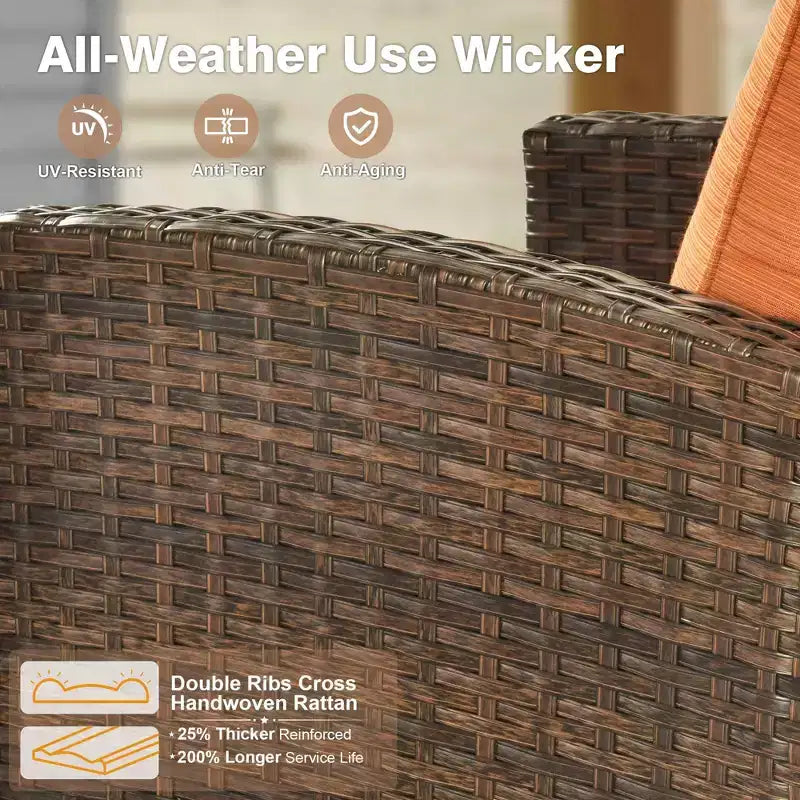 HOMLUX 7 Pieces Wicker Conversation Set, 3-Seat Sofa, Loveseat, Rattan Chairs, Ottomans & Firepit for Garden Backyard