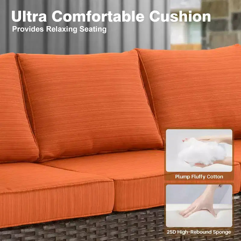 HOMLUX 7 Pieces Wicker Conversation Set, 3-Seat Sofa, Loveseat, Rattan Chairs, Ottomans & Firepit for Garden Backyard