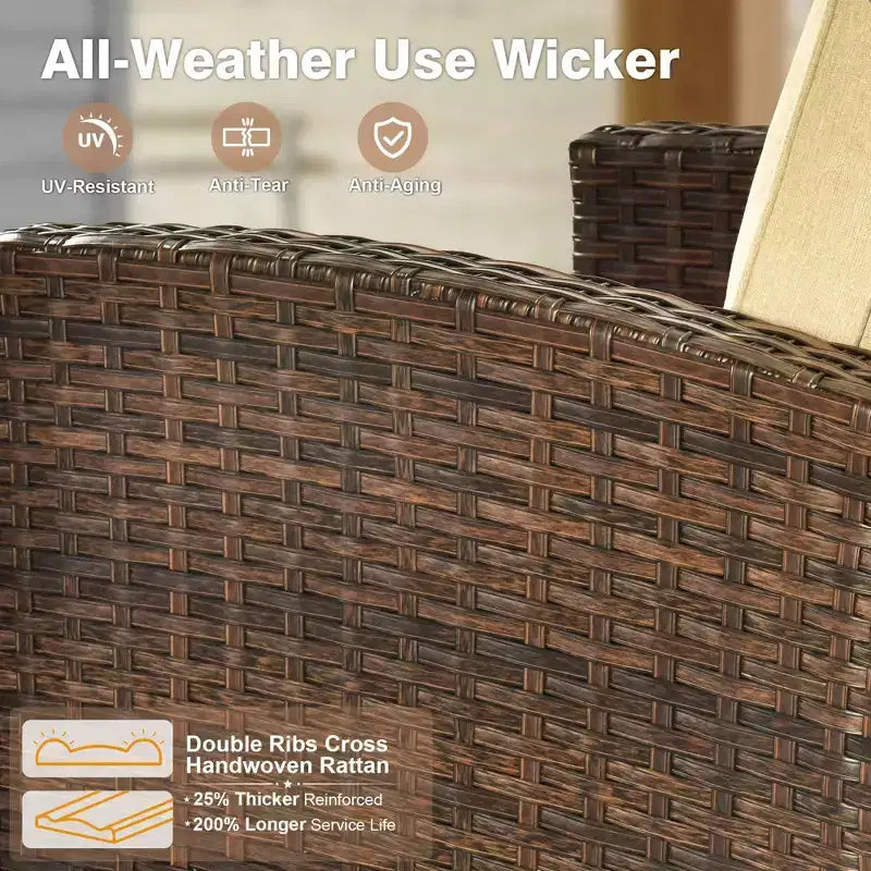 HOMLUX 7 Pieces Wicker Conversation Set, 3-Seat Sofa, Loveseat, Rattan Chairs, Ottomans & Firepit for Garden Backyard