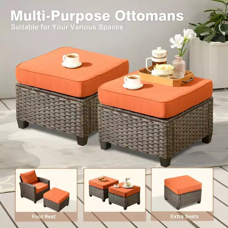 HOMLUX 7 Pieces Wicker Conversation Set, 3-Seat Sofa, Loveseat, Rattan Chairs, Ottomans & Firepit for Garden Backyard