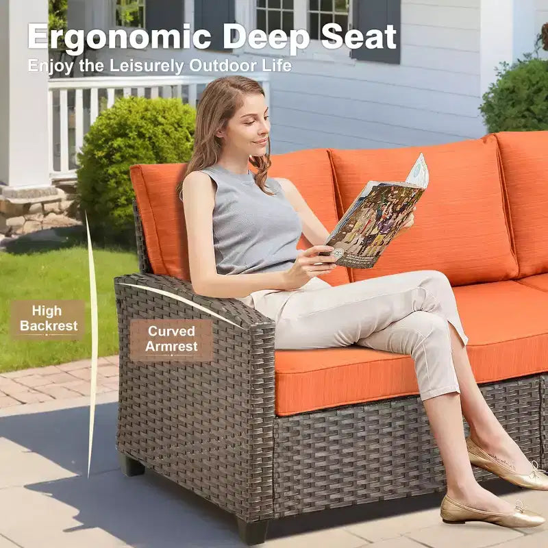 HOMLUX 7 Pieces Wicker Conversation Set, 3-Seat Sofa, Loveseat, Rattan Chairs, Ottomans & Firepit for Garden Backyard