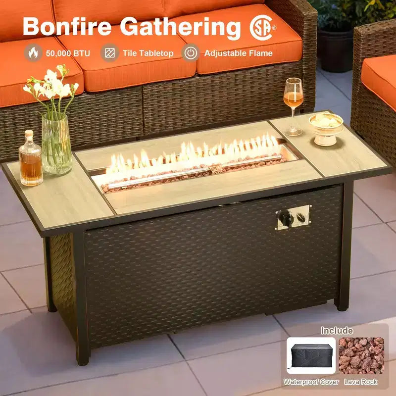 HOMLUX 7 Pieces Wicker Conversation Set, 3-Seat Sofa, Loveseat, Rattan Chairs, Ottomans & Firepit for Garden Backyard