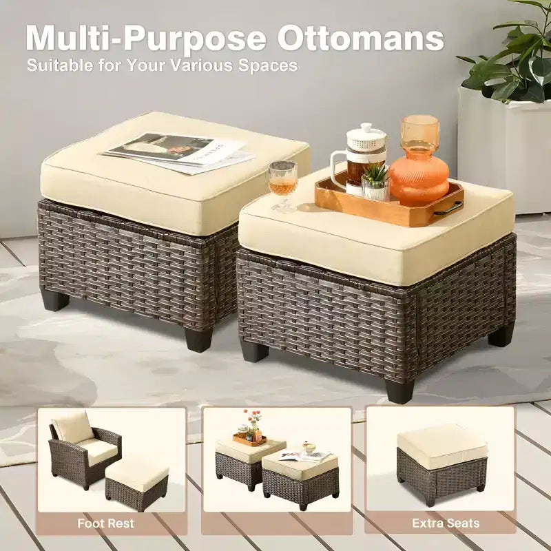HOMLUX 7 Pieces Wicker Conversation Set, 3-Seat Sofa, Loveseat, Rattan Chairs, Ottomans & Firepit for Garden Backyard