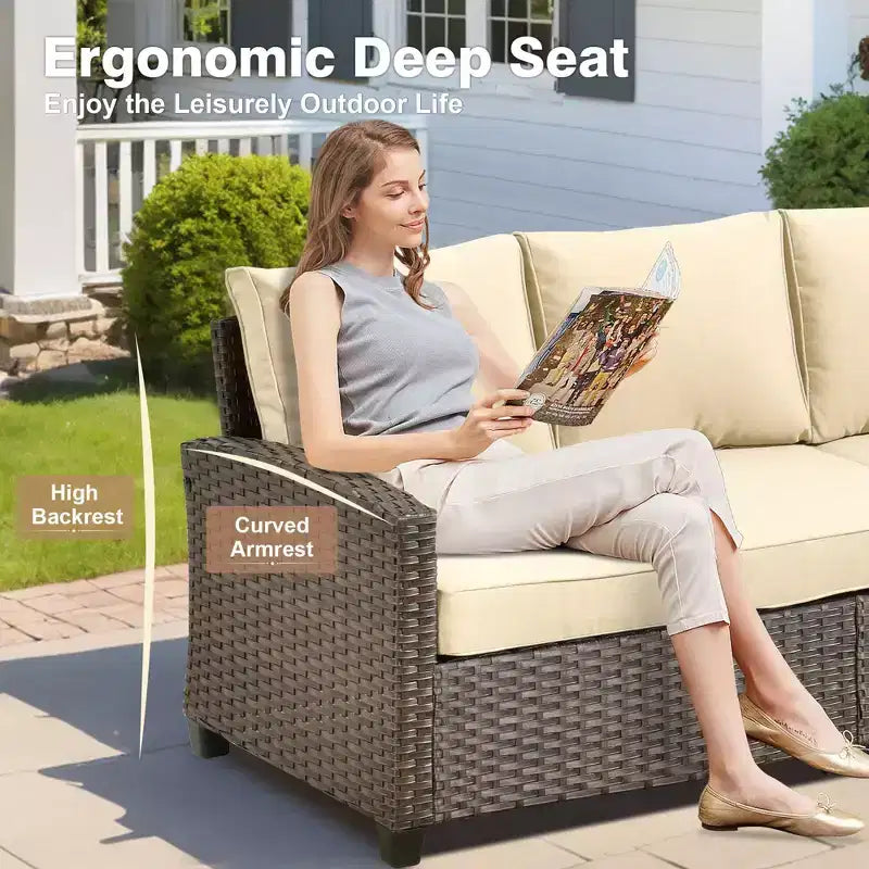 HOMLUX 7 Pieces Wicker Conversation Set, 3-Seat Sofa, Loveseat, Rattan Chairs, Ottomans & Firepit for Garden Backyard
