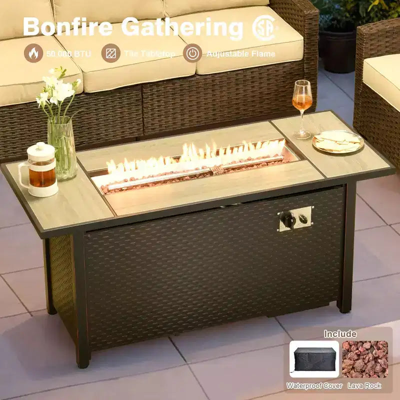 HOMLUX 7 Pieces Wicker Conversation Set, 3-Seat Sofa, Loveseat, Rattan Chairs, Ottomans & Firepit for Garden Backyard
