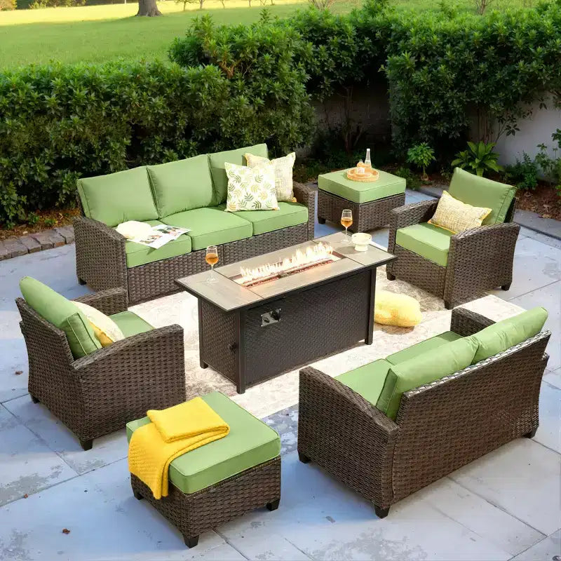 HOMLUX 7 Pieces Wicker Conversation Set, 3-Seat Sofa, Loveseat, Rattan Chairs, Ottomans & Firepit for Garden Backyard