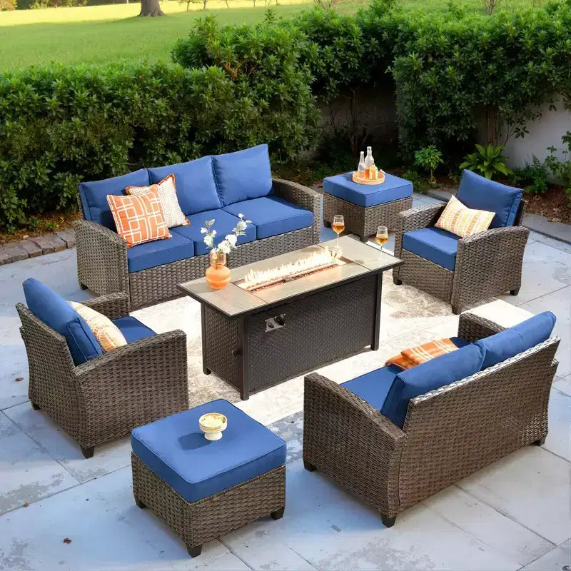 HOMLUX 7 Pieces Wicker Conversation Set, 3-Seat Sofa, Loveseat, Rattan Chairs, Ottomans & Firepit for Garden Backyard