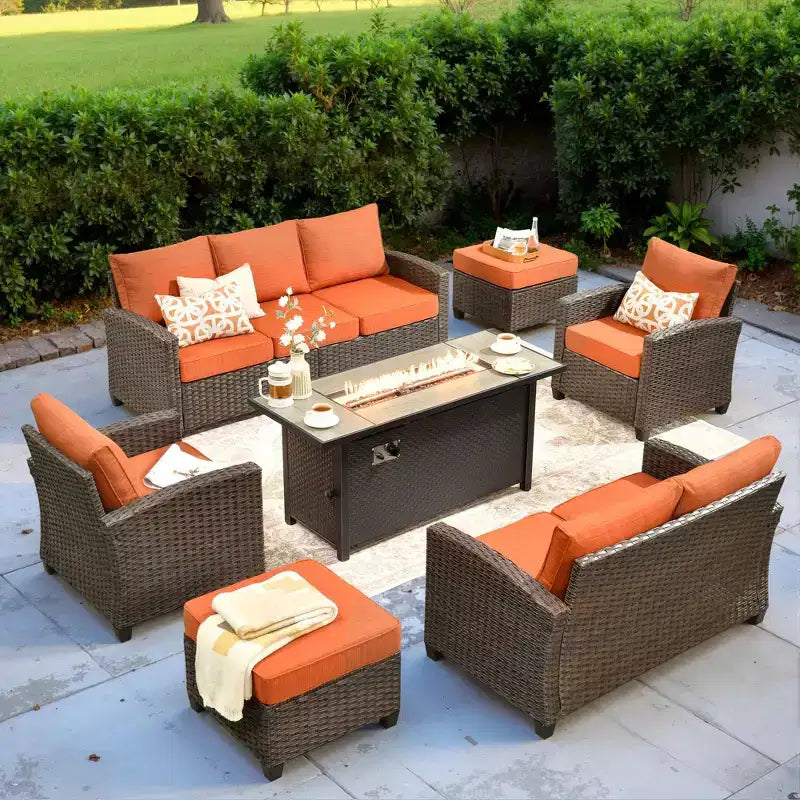 HOMLUX 7 Pieces Wicker Conversation Set, 3-Seat Sofa, Loveseat, Rattan Chairs, Ottomans & Firepit for Garden Backyard