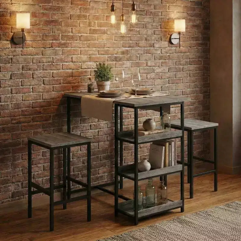 3-Piece Kitchen Table Set with Storage Shelves & 2 Bar Stools - Iron and Wood Dining Table for Condos ,Apartments,Small Spaces