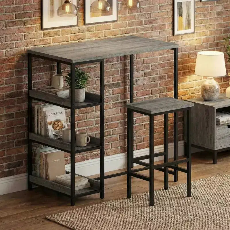 3-Piece Kitchen Table Set with Storage Shelves & 2 Bar Stools - Iron and Wood Dining Table for Condos ,Apartments,Small Spaces