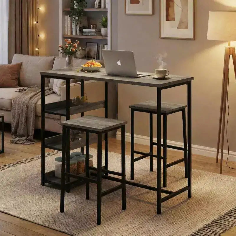 3-Piece Kitchen Table Set with Storage Shelves & 2 Bar Stools - Iron and Wood Dining Table for Condos ,Apartments,Small Spaces