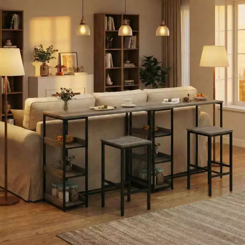 3-Piece Kitchen Table Set with Storage Shelves & 2 Bar Stools - Iron and Wood Dining Table for Condos ,Apartments,Small Spaces