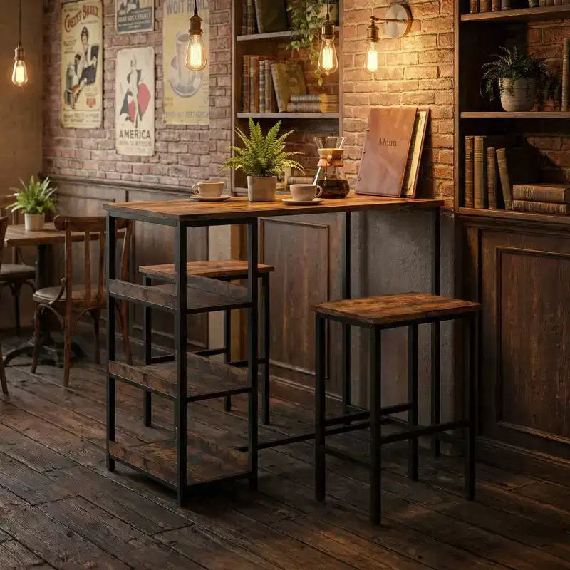 3-Piece Kitchen Table Set with Storage Shelves & 2 Bar Stools - Iron and Wood Dining Table for Condos ,Apartments,Small Spaces