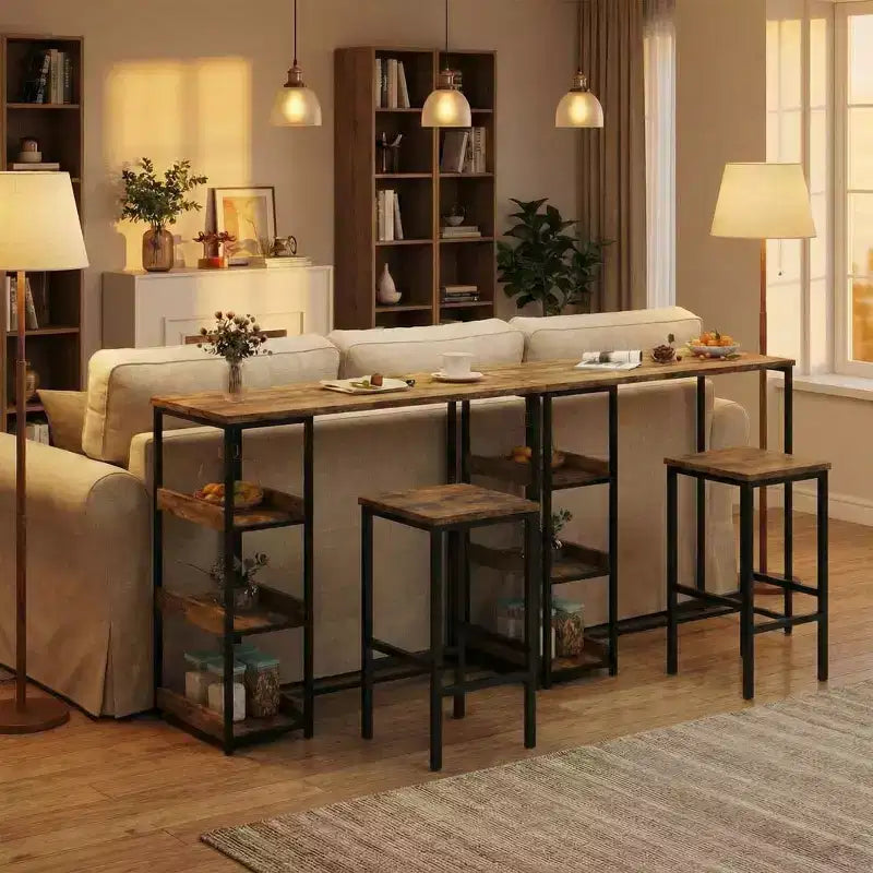 3-Piece Kitchen Table Set with Storage Shelves & 2 Bar Stools - Iron and Wood Dining Table for Condos ,Apartments,Small Spaces