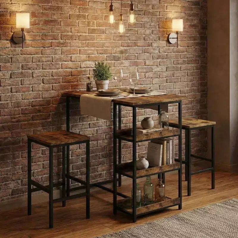 3-Piece Kitchen Table Set with Storage Shelves & 2 Bar Stools - Iron and Wood Dining Table for Condos ,Apartments,Small Spaces