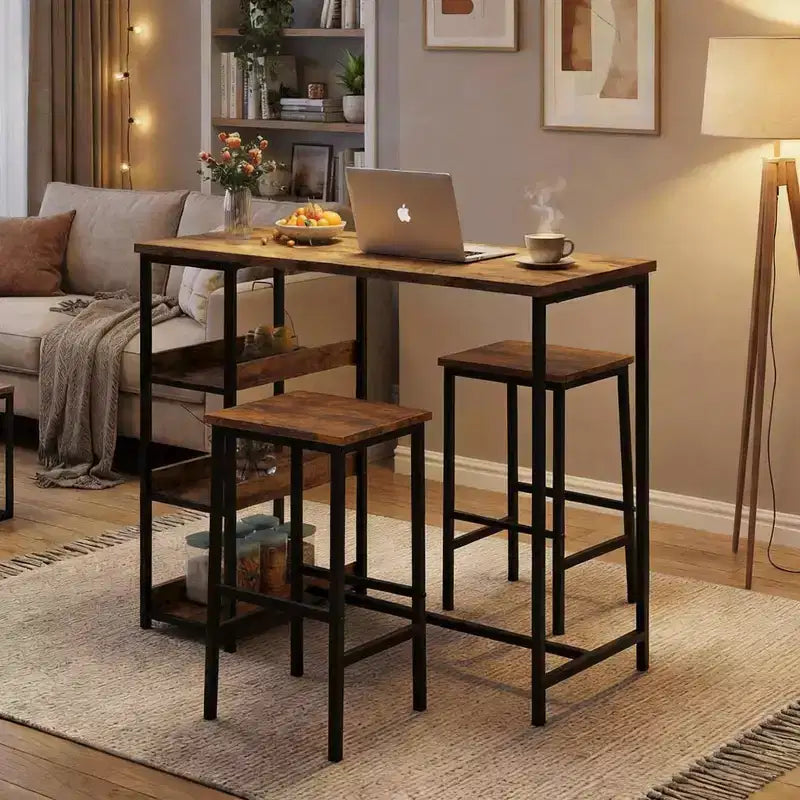 3-Piece Kitchen Table Set with Storage Shelves & 2 Bar Stools - Iron and Wood Dining Table for Condos ,Apartments,Small Spaces