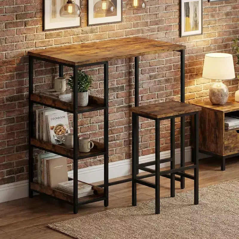 3-Piece Kitchen Table Set with Storage Shelves & 2 Bar Stools - Iron and Wood Dining Table for Condos ,Apartments,Small Spaces