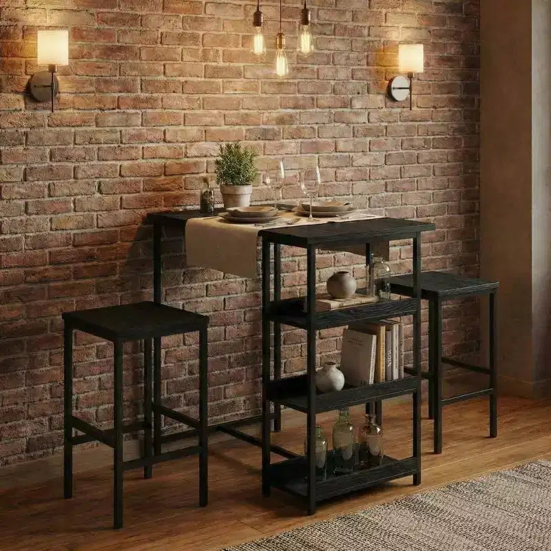 3-Piece Kitchen Table Set with Storage Shelves & 2 Bar Stools - Iron and Wood Dining Table for Condos ,Apartments,Small Spaces