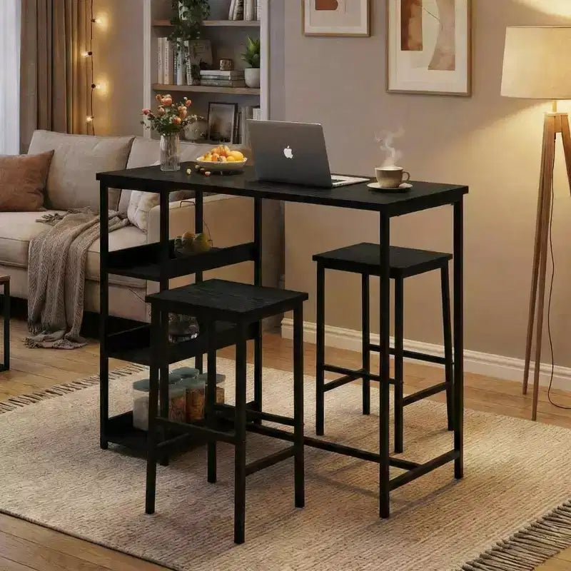 3-Piece Kitchen Table Set with Storage Shelves & 2 Bar Stools - Iron and Wood Dining Table for Condos ,Apartments,Small Spaces