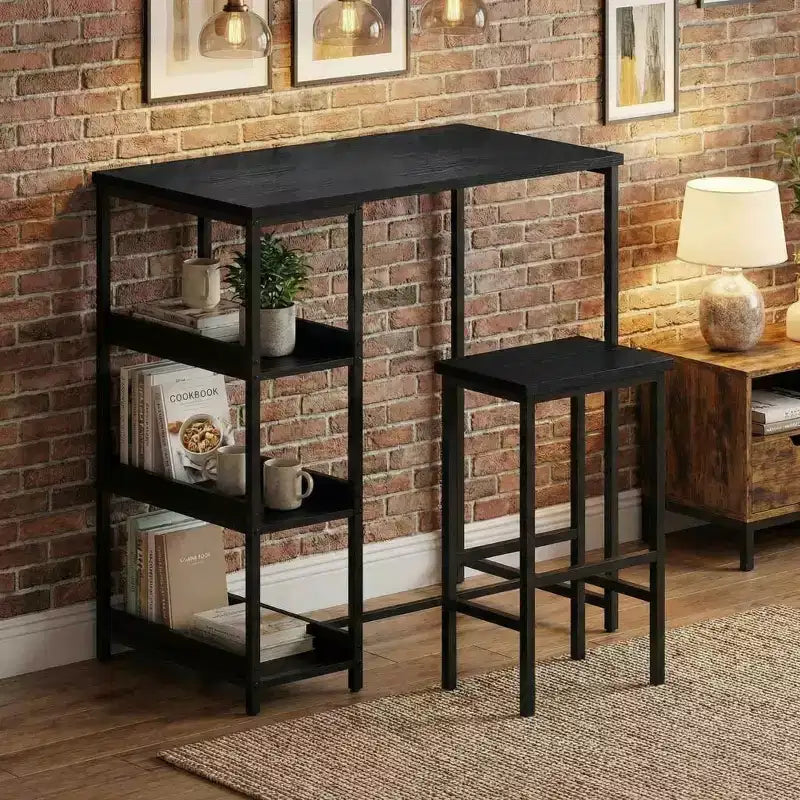 3-Piece Kitchen Table Set with Storage Shelves & 2 Bar Stools - Iron and Wood Dining Table for Condos ,Apartments,Small Spaces