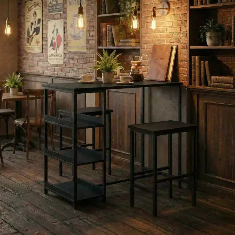 3-Piece Kitchen Table Set with Storage Shelves & 2 Bar Stools - Iron and Wood Dining Table for Condos ,Apartments,Small Spaces