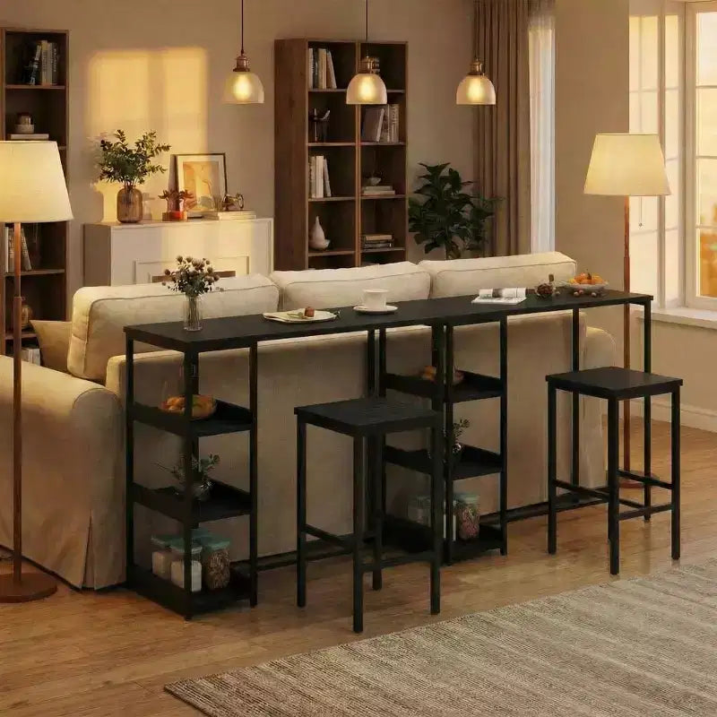 3-Piece Kitchen Table Set with Storage Shelves & 2 Bar Stools - Iron and Wood Dining Table for Condos ,Apartments,Small Spaces