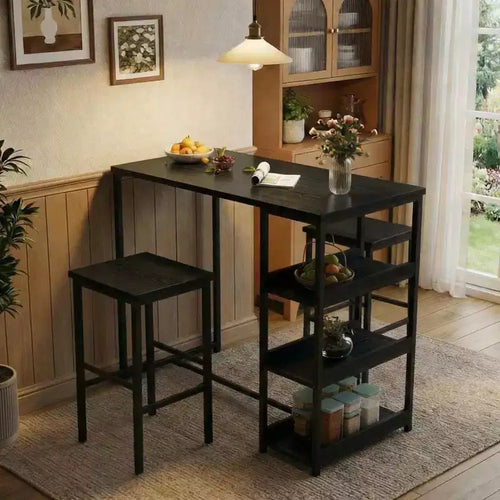 3-Piece Kitchen Table Set with Storage Shelves & 2 Bar Stools - Iron and Wood Dining Table for Condos ,Apartments,Small Spaces