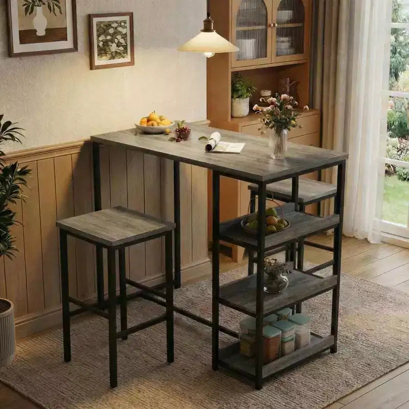 3-Piece Kitchen Table Set with Storage Shelves & 2 Bar Stools - Iron and Wood Dining Table for Condos ,Apartments,Small Spaces