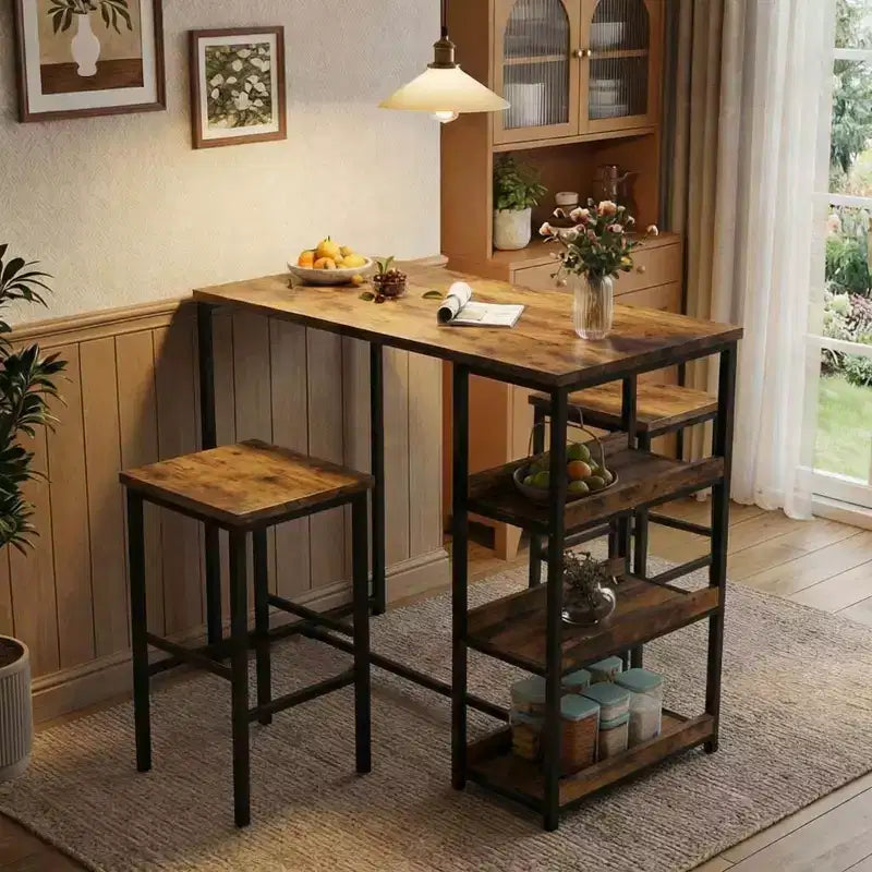 3-Piece Kitchen Table Set with Storage Shelves & 2 Bar Stools - Iron and Wood Dining Table for Condos ,Apartments,Small Spaces