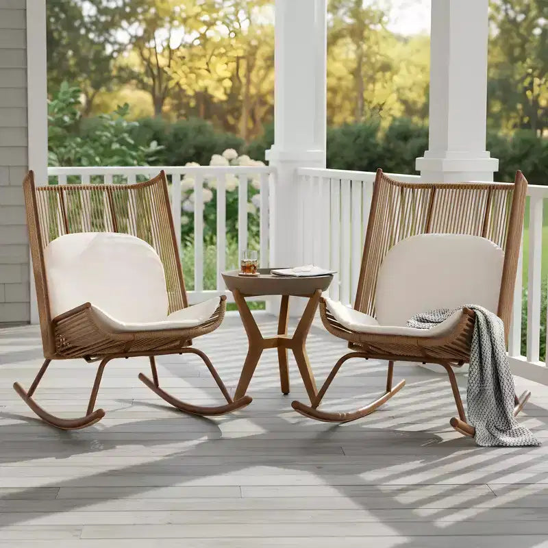 Christopher Knight Home Sunita Farmhouse 3 Piece Patio Dining Set with Acacia Wood Table and Iron Rocking Chairs