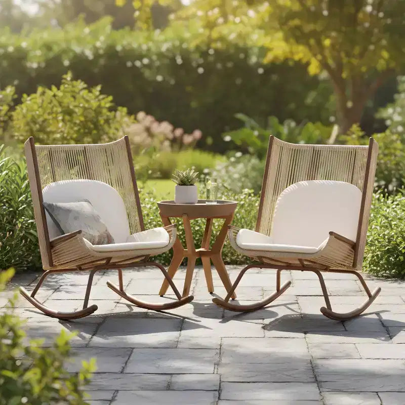 Christopher Knight Home Sunita Farmhouse 3 Piece Patio Dining Set with Acacia Wood Table and Iron Rocking Chairs
