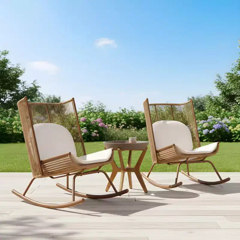 Christopher Knight Home Sunita Farmhouse 3 Piece Patio Dining Set with Acacia Wood Table and Iron Rocking Chairs