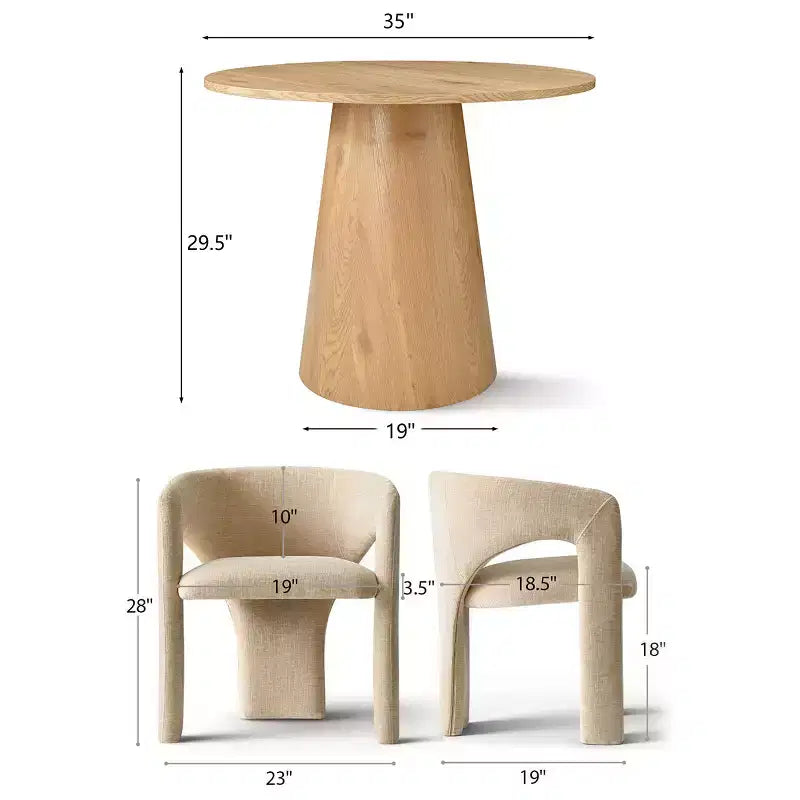 Round Dining Table Set with 2 Chenille Armchairs, Modern Pedestal Table and Upholstered Chairs with Full Back and Arms-Panipeachy