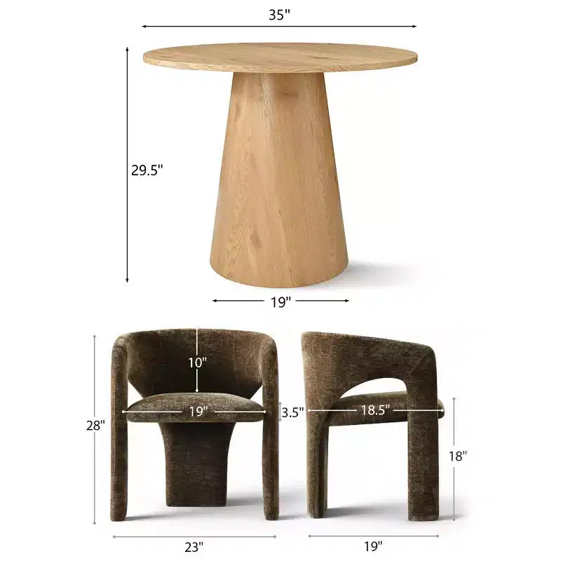 Round Dining Table Set with 2 Chenille Armchairs, Modern Pedestal Table and Upholstered Chairs with Full Back and Arms-Panipeachy