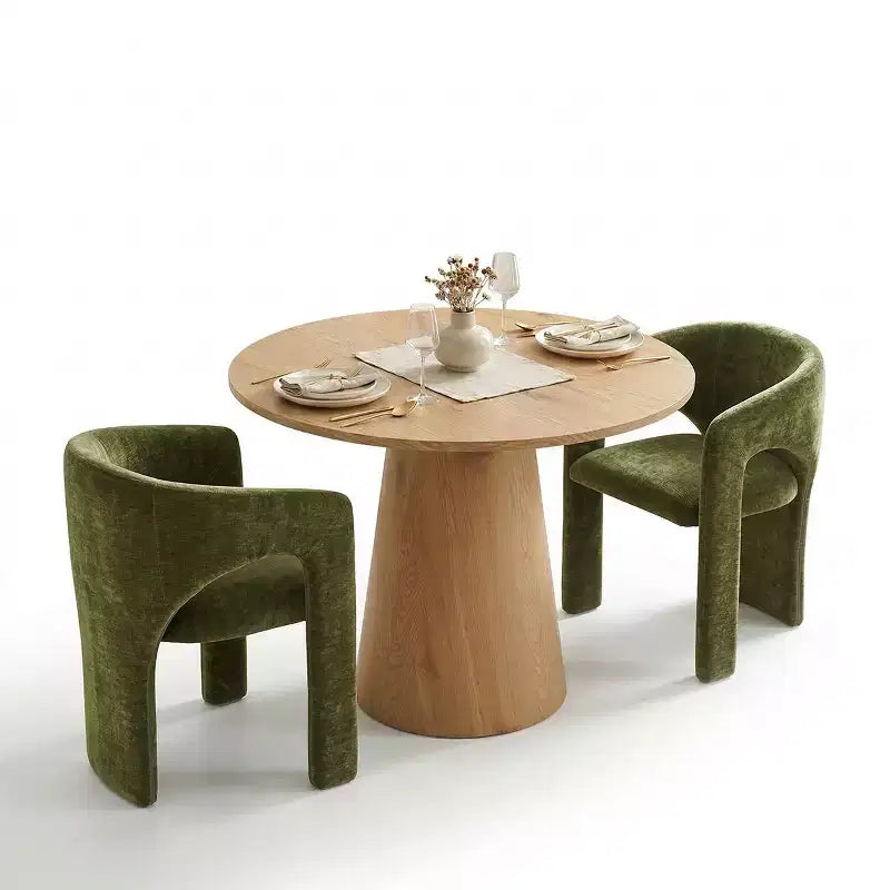 Round Dining Table Set with 2 Chenille Armchairs, Modern Pedestal Table and Upholstered Chairs with Full Back and Arms-Panipeachy